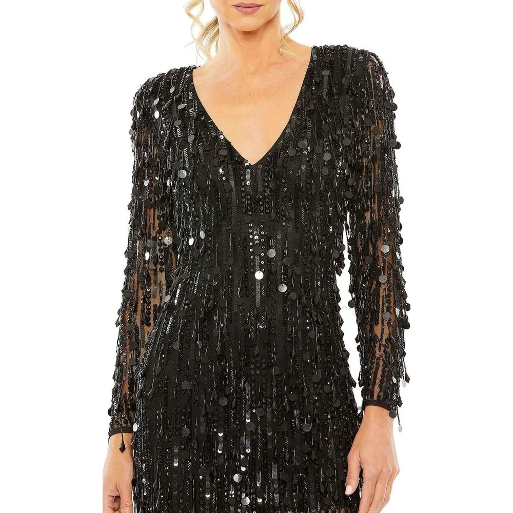 Mac Duggal Sheer Sleeve Fringes Cocktail Dress Black Size 12 NWT - Picture 2 of 12